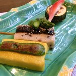 宇豆基野 - 宇豆基野ブランチ 2600円 の生麩の田楽、玉子の田楽にアスパラガス、茄子、茗荷