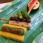 宇豆基野 - 宇豆基野ブランチ 2600円 の生麩の田楽、玉子の田楽にアスパラガス、茄子、茗荷