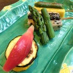 宇豆基野 - 宇豆基野ブランチ 2600円 の生麩の田楽、玉子の田楽にアスパラガス、茄子、茗荷