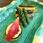 宇豆基野 - 宇豆基野ブランチ 2600円 の生麩の田楽、玉子の田楽にアスパラガス、茄子、茗荷