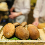 日本橋 蕎ノ字 - ■玉取茸
      ☆ 静岡市岡部町の杉山農園の椎茸。栽培中の玉取茸にモーツアルトを聞かせて育てている。