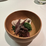 メイ - ❼真鴨ササミのミキュイのスープ仕立て。砂肝、心臓、レバー、春菊、マッシュルーム。