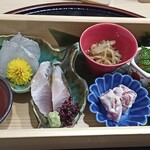 Ryouriyakashimori - 前菜と刺身。鰺炙りが旨すぎる
