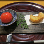 広尾 一会 - 揚物は若狭のぐじに栃木・野沢さんのトマトの酢漬け。