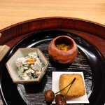 一本杉 川嶋 - 焼わた塩辛、カニ味噌コロッケ、こんにゃく、椎茸、旬義気の白和え