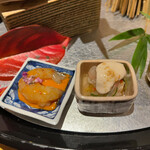 銀座 しのはら - 紹興酒に漬けたボタン海老雲丹ソース   柿なます胡麻ダレ