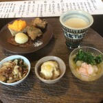 Soba Saryou Sawashou - 聖護院蕪の和スープ、壬生菜えのき牛蒡のお浸し、林檎と大根の白和え、かぶ菜白菜海老の甘酢、蕎麦パンのカナッペ、具沢山のそばがき揚げ、そば粉のチュイルポテトマッシュ