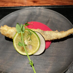 薪炭まだら - ビーツのソースの上で泳ぐ深海魚「メヒカリ」