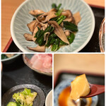 Heiseigakkichiya - 小鉢は、ほうれん草とキノコのお浸し。
      上品なお出汁がしみて…とっても美味しいお浸し♡
      キャベツとキュウリのお漬物も大葉入りで美味。
      牛乳プリンは優しい甘さ…丁寧に作られているのがわかります♡