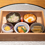 Tempura Azabu Yokota - とろゆば、いくら うるい、えのき、薄揚げ、糸鰹 紅芋豆腐、柚子味噌 あん肝 子持ち昆布
