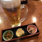 虎馬 - お通し＆生ビール