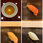 すし繁 - ランチおまかせ握り７０００円。海老味噌茶碗蒸し、メジマグロ、クエ、すみイカ。すみイカが歯応え、甘みと絶好の味わいです（╹◡╹）（╹◡╹）