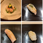 すし繁 - ランチおまかせ握り７０００円。カワハギ小丼、ボタン海老、ブリ、白海老。ブリの仕事も見事です。口の中でシャリと一緒に解けます（╹◡╹）（╹◡╹）