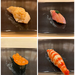 すし繁 - ランチおまかせ握り７０００円。北寄貝、ニシン、いくら、車海老。中盤は、大好物のオンパレードです。もっちりした北寄貝、さわやかないくら、旨味たっぷりの車海老とたまりません