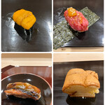 すし繁 - ランチおまかせ握り７０００円。バフンウニ、とろたく、穴子、玉子焼き。穴子や玉子焼きが霞むほど、全体的に素晴らしい味わいでした（╹◡╹）（╹◡╹）