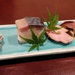 Umi don - 前菜ーバッテラ、鴨ロース、栗渋皮煮、(五点盛り)