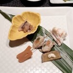 Torigoe No Yado Sanrakuen -  前菜：旬菜五種盛, 蕪寿司,唐墨,クリームチーズ和え,ずいき海鼠,牛肉八幡巻