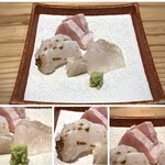 Sushi To Amakusadaiou Amane - ＊カジキ鮪・・上品な脂がのり美味しい。 ＊あらの炙り・・噛むと旨味を感じますね。 ＊平目とエンガワ・・エンガワ好きですので嬉しい。