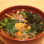 こころや - 大なめこおろしと春菊の稲庭うどん(冷)の半分に分けた状態アップ