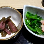 Shirokujichuu - おさかな食堂 四六時中 ＠イオン葛西店 定食に付くほうれん草のおしたしとしば漬け