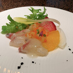 Teppanyaki Atago - 真鯛とヤリイカのカルパッチョ八朔を添えて