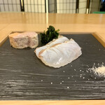 三笠鮨 - ④ 北海道 与一のあん肝・浜名湖の青海苔・千葉県富津の平目（ ひらめ ）