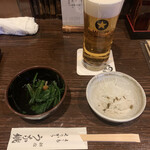 Shinjuku Unatetsu Ebisuten - お通しとビール