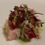 ランテルナマッサ - カボス鰤、大洗シラス、プンタレッラ（チコリの一種）、ムール貝のソース