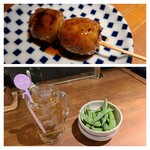 野菜巻き串屋 うずまき - ①枝豆【お通し】(税別380円)
      ②コリコリ軟骨つくね串【タレ】(税別200円)
      濃いタレで提供されたのですが、塩で食材を味わう派の私には強過ぎ
      ①ジンジャーエール(ハッピーアワー割:税別247円)