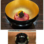 たでの葉 - 天然真鴨の肝刺し
      加熱をした鴨の肝ですが、これも滋味深い味わいですね！
      上には天然の香茸を香りのアクセントに、ウズラの卵黄のまろやかさと共に野生味の強い肝刺しをいただきました。