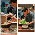 たでの葉 - ツキノワグマのお鍋
      今宵のメインはツキノワグマの鍋、根っこが付いた芹がどっさりと使われています。