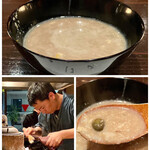 たでの葉 - 雑炊
      ツキノワグマのお鍋に、土鍋で炊いたムカゴご飯を入れ、さらに自然薯をたっぷりと注いだ雑炊です。
      ツキノワグマの旨味、自然薯の粘り、ムカゴのホクホクさもあいまみれ、なんて美味しい雑炊なのでしょう！