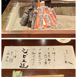 たでの葉 - 今宵もとても寒い日でしたが、囲炉裏の炭火から遠赤外線の温かさに包まれました。
      下の写真は、ご主人の友人が書かれた紙製のランチョンマット、味のある文字です♪