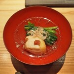 とり茶太郎 - ほろほろ鳥 胸肉とアスパラ菜の揚げ出汁