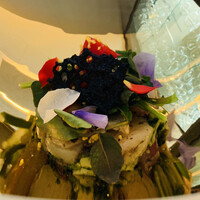 SALONE TOKYO - ②【前菜2】
                    カッポンマーグロ
                    ★ 焼いたパンの上に魚介3種（甘海老、帆立、平目）、野菜2種（蕪、カリフラワー）、烏賊墨のチップス、バジルのソース掛け。