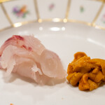 うを徳 - 2022.12 お造り（明石の鯛2.6kgサイズ、根室産バフンウニ）