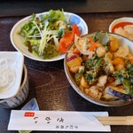 さかい - Bランチ(野菜かき揚げ丼　蕎麦(小)　野菜サラダ　わらび餅)@1100円