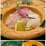 茜坂大沼 - お造り
            大分 天然のカンパチ
            宮城 天然のヒラメ
            三重 アオリイカ
            藻塩と自家製昆布醤油を好みで使いながらいただきます。