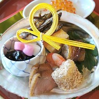 京都 つる家 - 黒豆、いくらおろし、慈姑カステラ、海老旨煮、穴子八幡巻き、合鴨ロース
