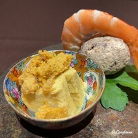 お料理 七草 - 焼うに､南瓜を練り込んだ湯葉､天使の海老の塩茹､倉石牛の牛肉の時雨煮とクリームチーズ
