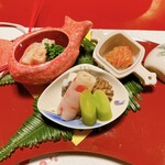 Seikourou - むかご豆腐、バチコ（なまこ卵巣）、チシャ菜、あわび、蟹にこごり、サーモンなど
