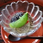 幻董庵 - 新蓴菜、揚げ茄子等夏野菜の前菜。