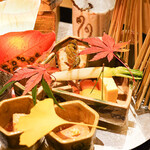 銀座 しのはら - 八寸　本モロコ、海老芋唐揚げ、スモークサーモン昆布締め、あん肝、