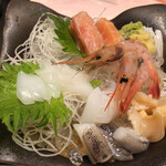 はす家 金沢駅前店 - お刺身三点盛り、実は。。撮影前に少し食べちゃいました（≧∇≦）