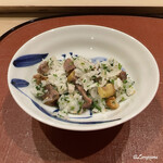 御料理 寺沢 - ホロホロ鳥の炭火焼に蓮根と芹の炊き込みごはん