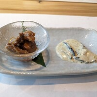 すし うおいち - 鮪の生姜煮　蒸しあわびの豆乳肝ソース