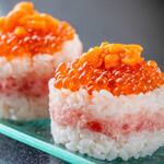 Mille-feuille with extremely fatty sea urchin salmon roe