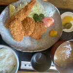 かま屋 - ミックスフライ定食（ヒレ一口カツ3、海老フライ1）