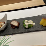 鮨 青海 - 白子、たこの柔らか煮、芽キャベツのアンチョビクリームチーズソースかけ、さつまいもの甘煮