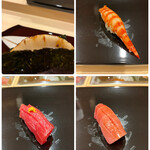 すし繁 - ランチおまかせ握り７０００円。平貝磯部巻き、車海老、赤身づけ、中とろ。大好物の車海老は最高の味わい。マグロも上質です。